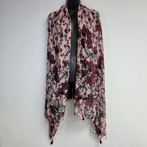 Libby Edelman Womens Pink Floral Scarf Tassels Lightweight Wrap Large Boho Indie